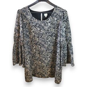 A New Day Tunic Dress Womens Plus XXL Black Floral Tapestry Look Bell Sleeves